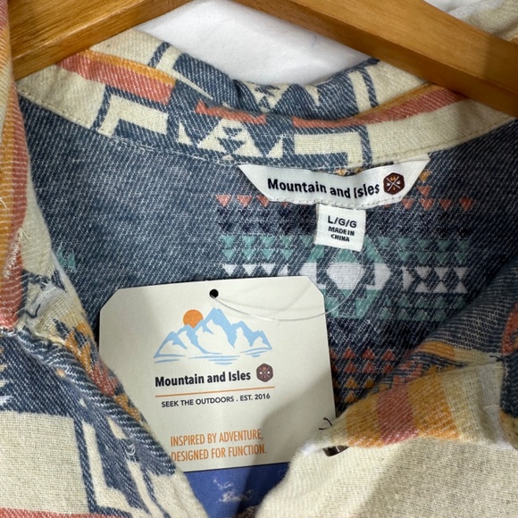 Mountain And Isles Southwestern Navajo Knit Jacquard Button Down Shirt Tan Blue - Picture 3 of 5